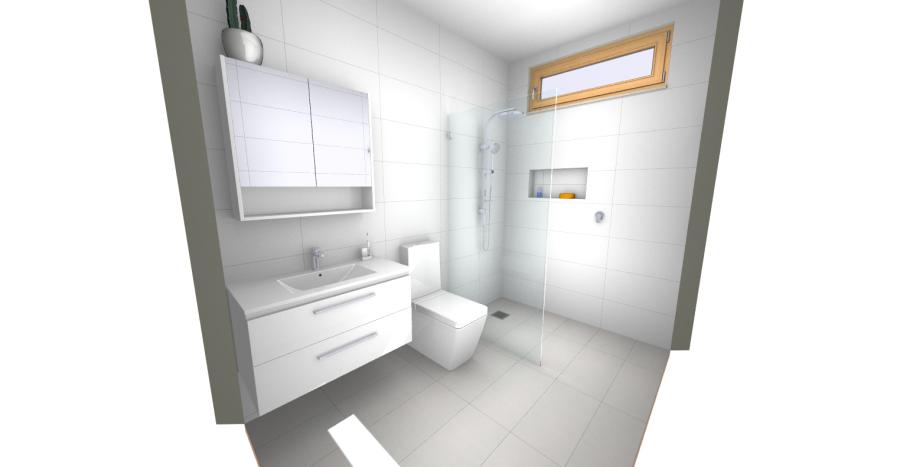Compact modern white bathroom with vanity, toilet and walk-in shower