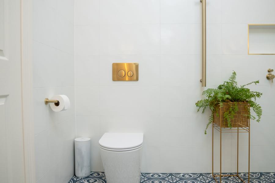 Minimal white bathroom with wall-hung toilet, brass flush plate and potted fern