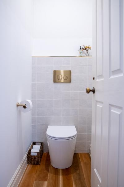 Compact toilet room with wall-hung cistern button, white pan and timber flooring