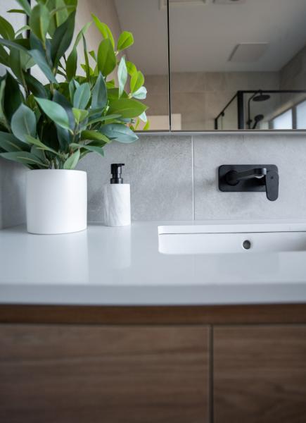 Modern bathroom vanity with plant, white basin and matte black wall-mounted tapware