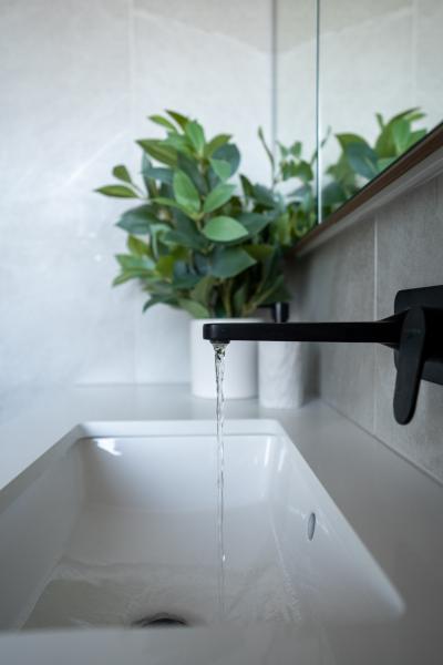 Modern white bathroom basin with black wall-mounted tap and plant reflected in mirror