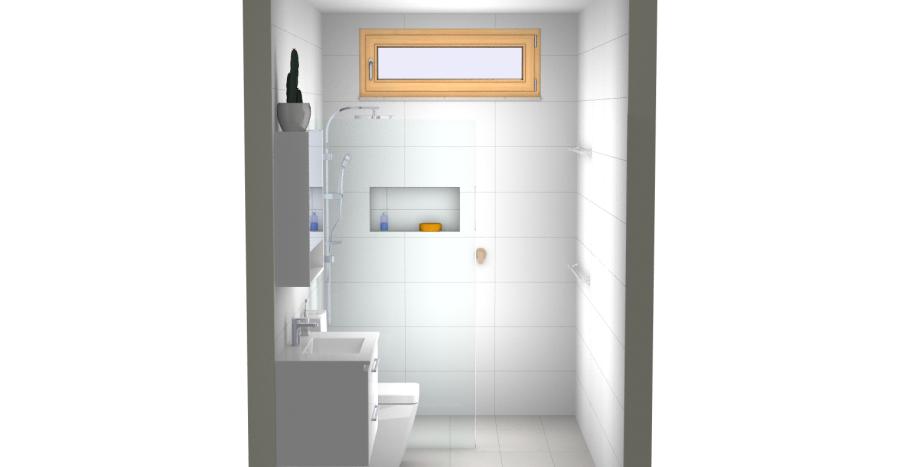 Compact white tiled bathroom with shower niche, timber framed window and modern fittings
