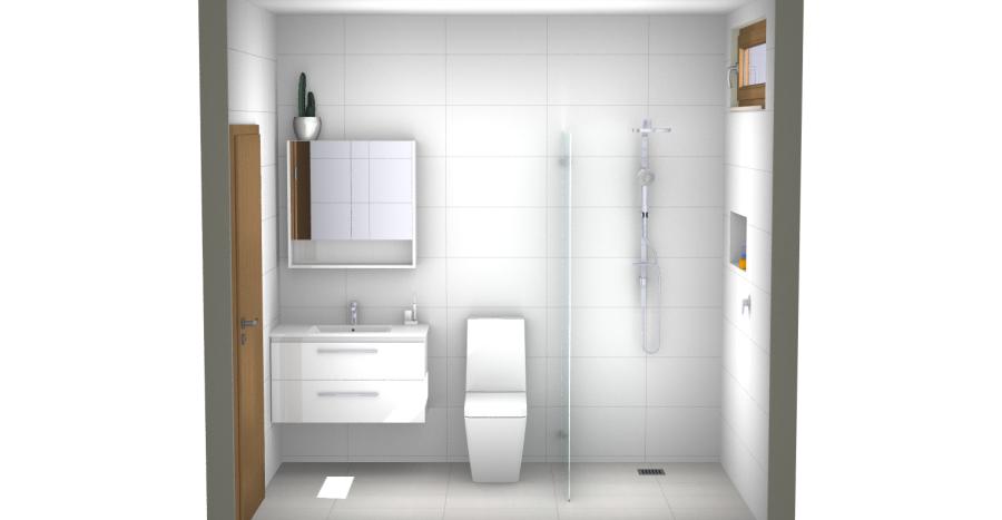 3D bathroom design with floating vanity, toilet and walk-in shower