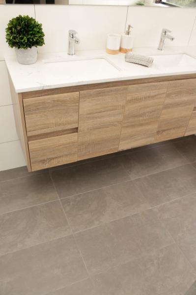 Floating timber double vanity with two basins in a modern bathroom