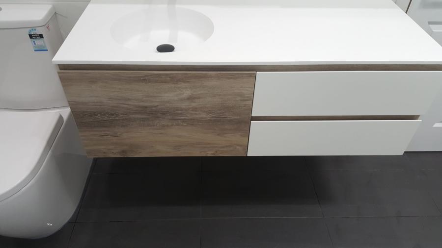 Floating bathroom vanity with white basin top, timber drawer and white storage drawers