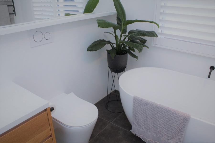 Bright white bathroom with freestanding bath, toilet and potted plant