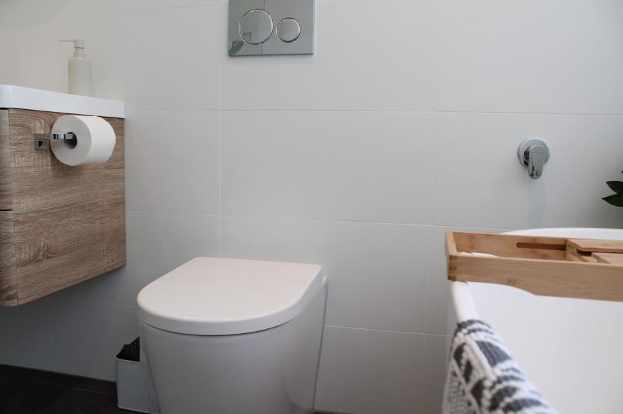 Modern white toilet beside timber vanity and wall-mounted toilet roll holder