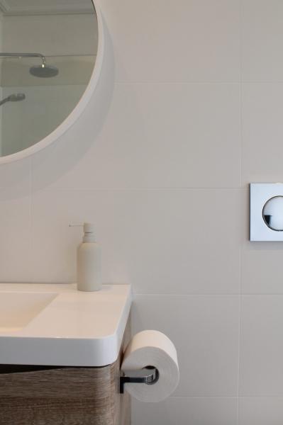Minimalist bathroom vanity with round mirror, lotion bottle and toilet roll holder