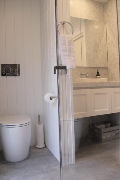 Modern white bathroom with walk-in shower, toilet and vanity