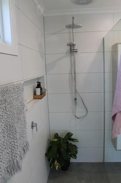 Modern walk-in shower with frameless glass screen, handheld shower and white wall tiles
