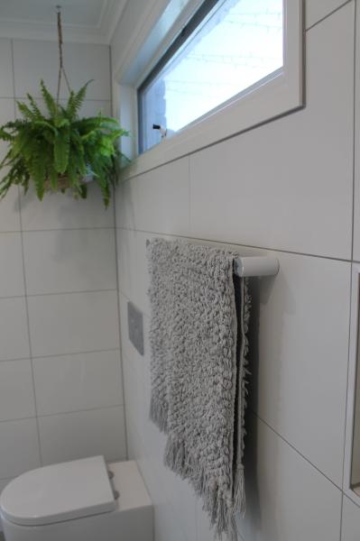 Modern white tiled bathroom with towel rail, toilet, high window and hanging fern