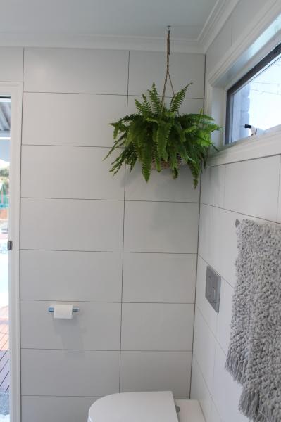 Modern bathroom corner with white wall tiles, toilet, towel rail and hanging fern