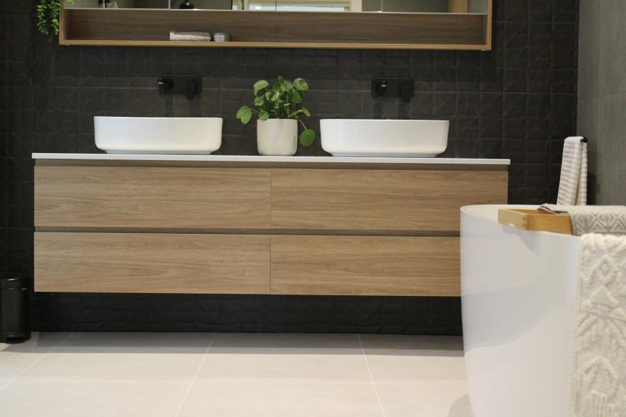 Floating timber double vanity with twin basins in a modern bathroom