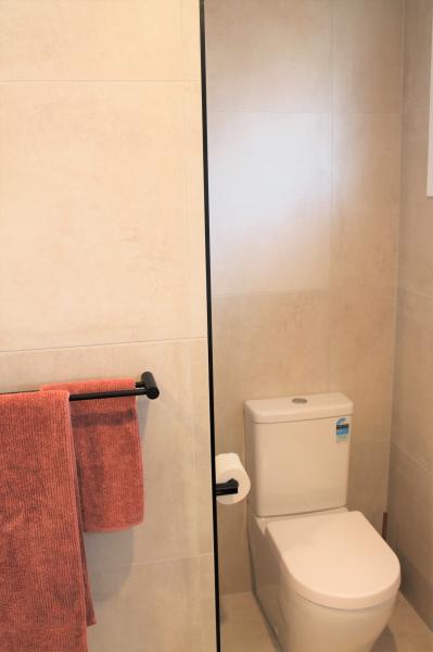 Modern toilet beside frameless glass shower screen with pink towel rail