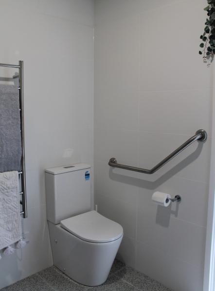 Accessible bathroom with grab rail, wall rail, toilet and towel rack