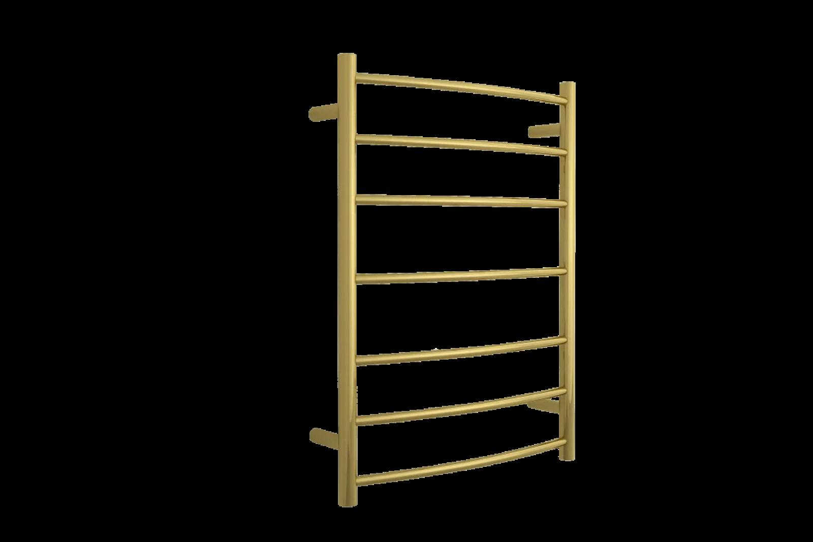 Brushed brass heated towel rail with six horizontal bars on a black background