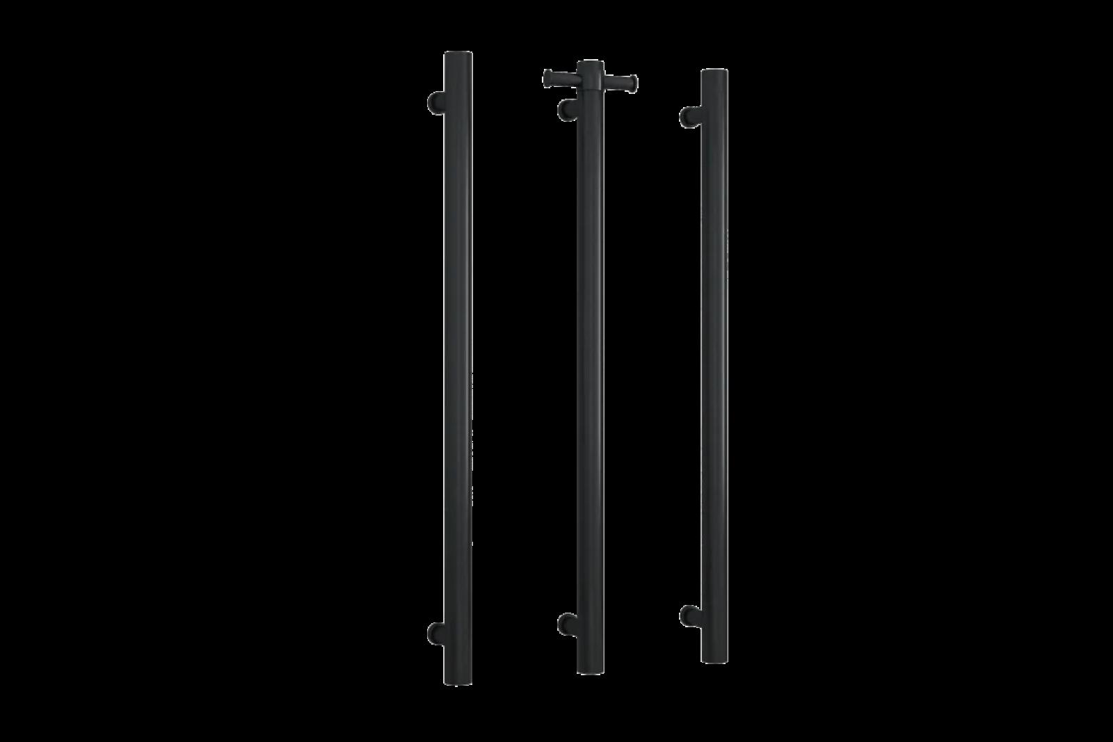 Matte black frameless shower screen hardware set on a white background
