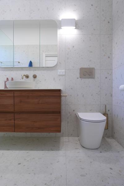 Modern bathroom with timber floating vanity, mirror cabinet and wall-faced toilet