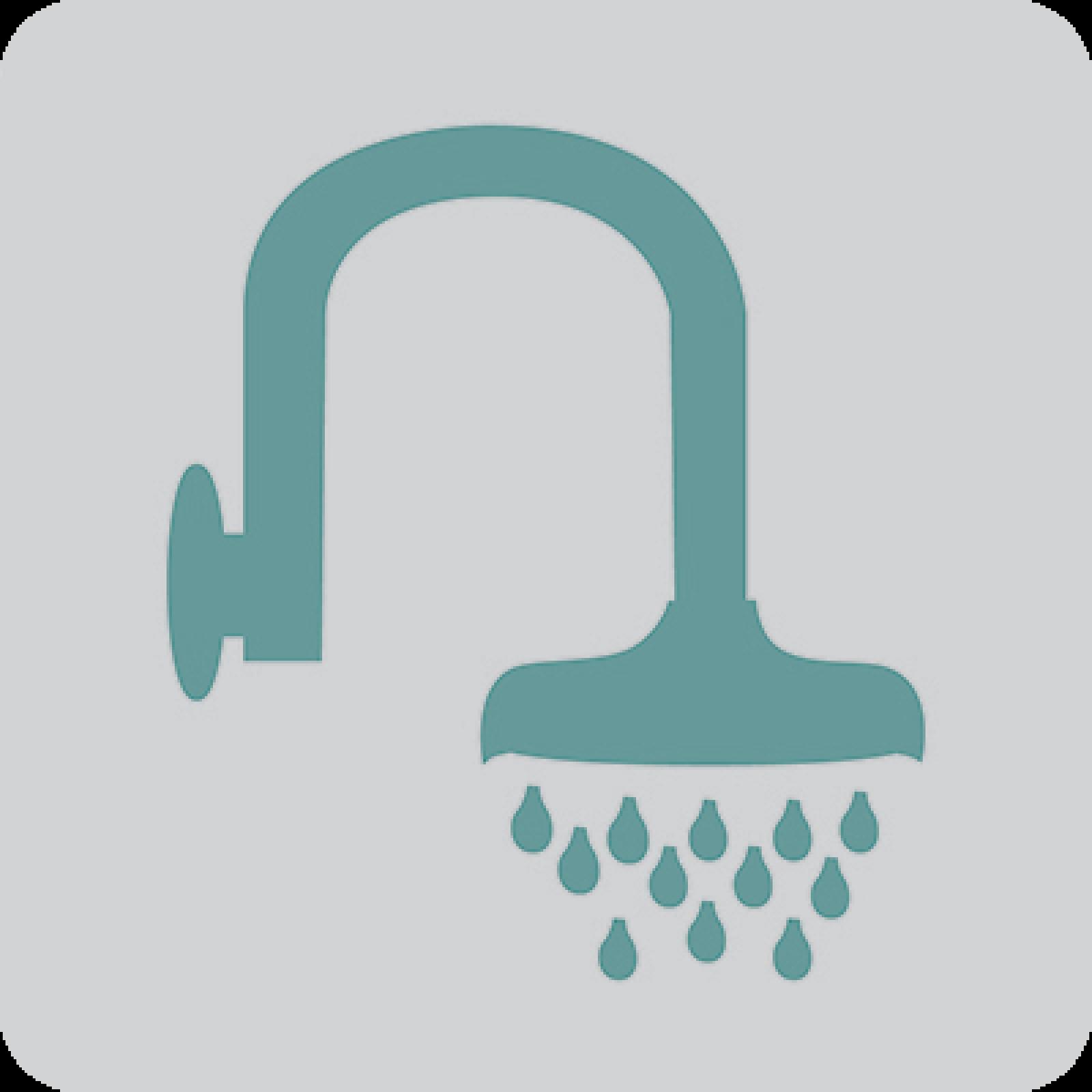 Teal shower head icon with water droplets on a light grey background