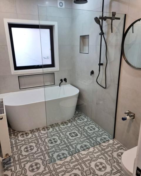 House bathroom almost complete - just waiting on the vanity to arrive, painting and shutter installation. Forgot how nasty it was 🤭.